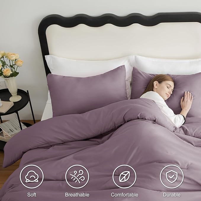 CozyLux Queen Comforter Set Dusty Purple, 3 Pieces Solid Comforters Queen Size Breathable Bedding Sets, Grayish Purple Luxury Soft Lightweight Bed Set with Down Alternative Comforter and 2 Pillowcases