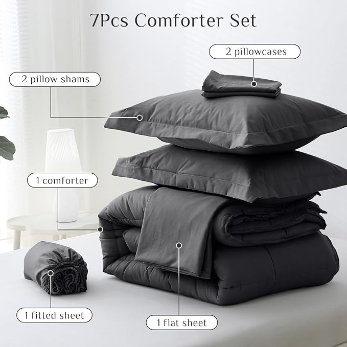 JOLLYVOGUE Oversized Queen Comforter Set, Ultra-Soft Bed in a Bag Oversized Queen Size 7 Pieces, Oeko-TEX Certified Bedding Set with Down Alternative Comforter, Sheets, Pillowcases & Shams, Dark Grey