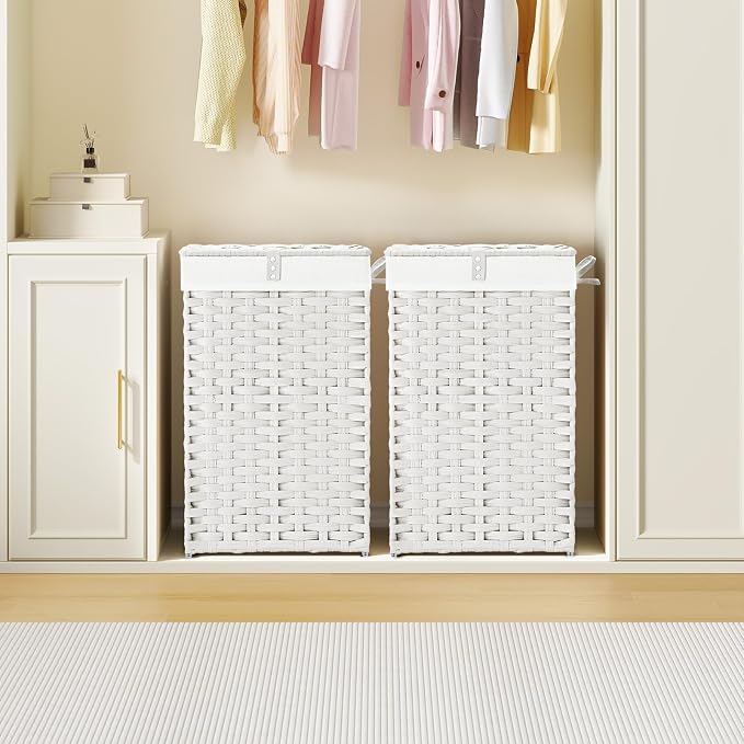 Greenstell Laundry Hamper with Lid, 60L Clothes Hamper with 2 Removable Liner Bags & 2 Mesh Bags, Handwoven Synthetic Rattan Basket, Toys in Bathroom, Bedroom White - Image 2