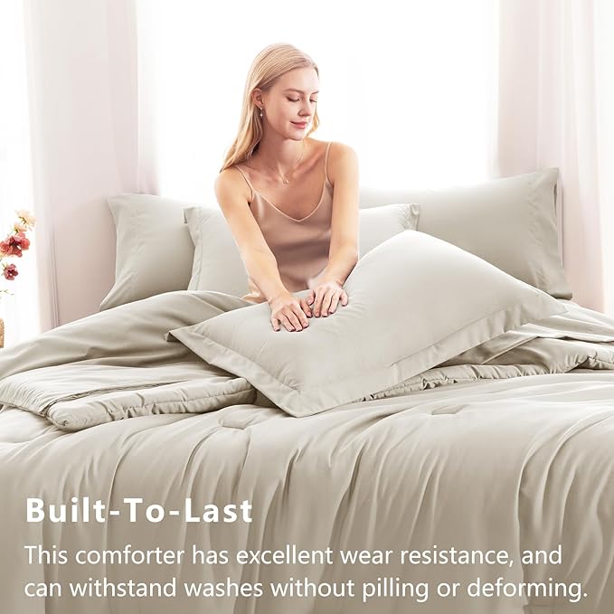 CozyLux Oversized Queen Comforter Set Beige, 7 Pieces Bed in a Bag Comforter Set with Sheets, Luxury Soft Bedding Sets with Down Alternative Comforter, Fitted Sheet, Flat Sheet, Pillowcases & Shams