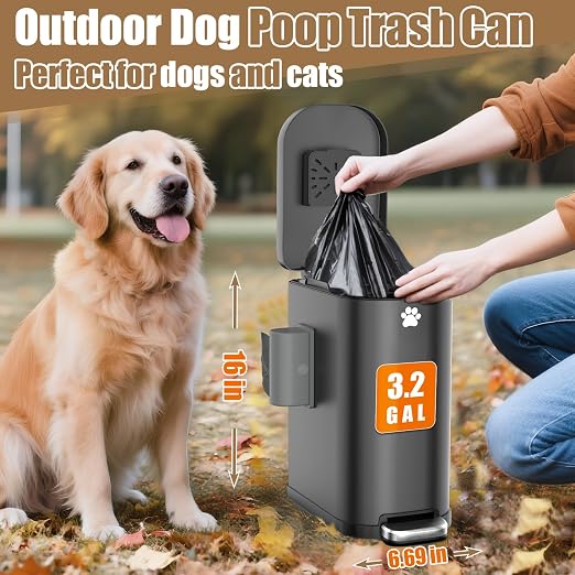 Dog Poop Trash Can Outside with Odor Control Lid & Step Pedal, 3.2Gal Stainless Steel Outdoor Trash Can, Waterproof Dog Waste Container - Includes 3 Carbon Filters & Bin Bag Holder - Image 6
