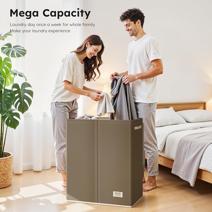 SOLEDI Large Double Laundry Hamper with Lid, Collapsible Clothes Hamper 2 section with Removable Bags, Space-Saving Laundry Basket for Bedroom, Dorm, College - Image 2