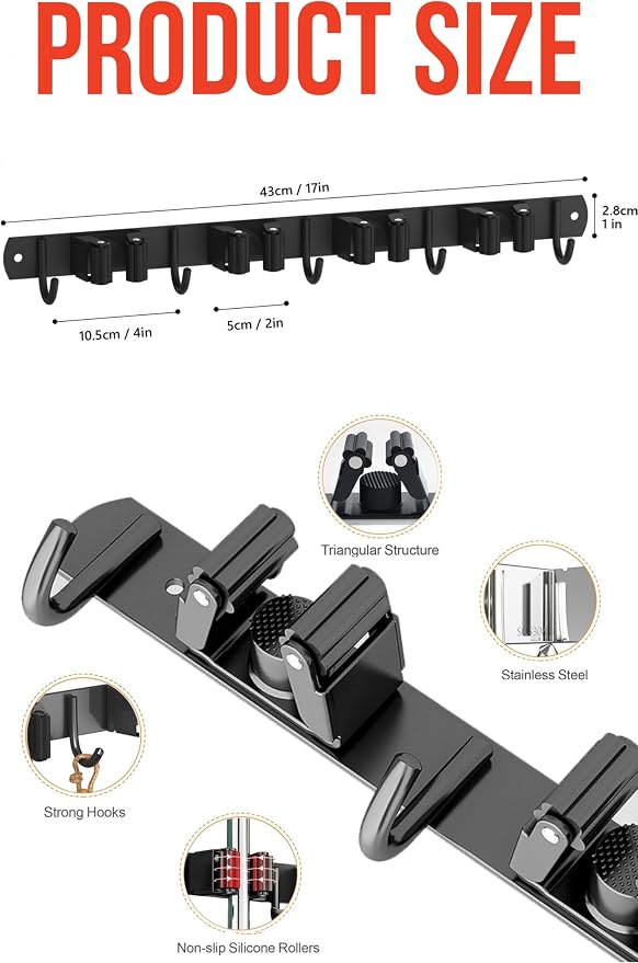 2 Pack Mop and Broom Holder Wall Mount, Upgraded Broom Hanger Wall Mount, Stainless Steel Broom Organizer for Closet Garage Laundry Room Kitchen Wall Decor Black 4R5H - Image 4