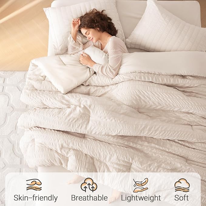 MUXHOMO 7 Pieces Full Comforter Set, Seersucker Bed in a Bag Full Size, All Season Luxury Bedding Set with Comforter, Flat Sheet, Fitted Sheet, Pillowcases & Shams, Beige