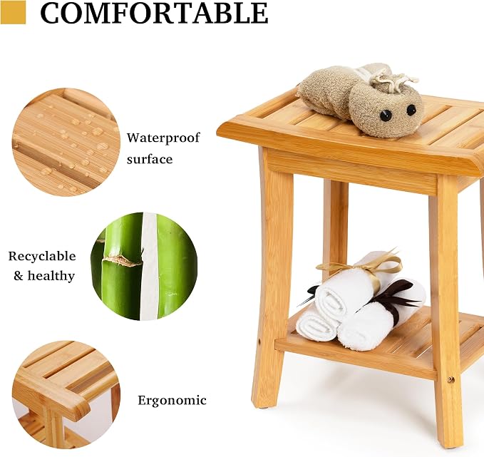 Unibambou Bamboo Shower Bench Inside Shower Stool with Storage Shelf, Spa Bath Chair for Bathroom, Seat or Organizer for Living Room, Bedroom and Garden - Great for All Ages Elderly (Small, Natural) - Image 5