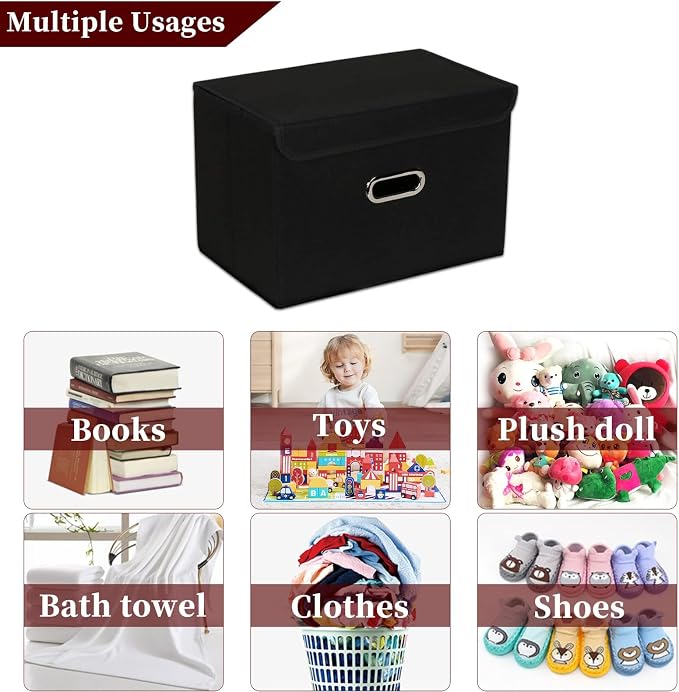 STOREONE Fabric Storage Cube Bins Foldable Organizer Container Collapsible Basket with Lids and Metal Handles, for Home, Bedroom, Closet 8 Pcs (Black) - Image 3