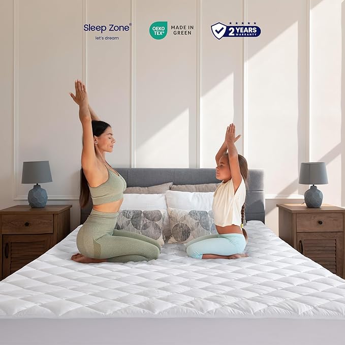 SLEEP ZONE Twin Mattress Protector, Quilted Fitted Mattress Pad, Deep Pocket Mattress Cover Stretches up to 21 inches, Fluffy Pillow Mattress Topper (White, 39x75)