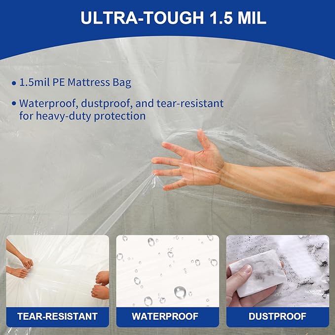 TopSoon 2PK Clear Plastic Mattress Bag - Moving & Storage Cover for Mattress or Box Spring - Heavy-Duty Disposal Supplies (1.5mil, King 78" x 14" x 100")