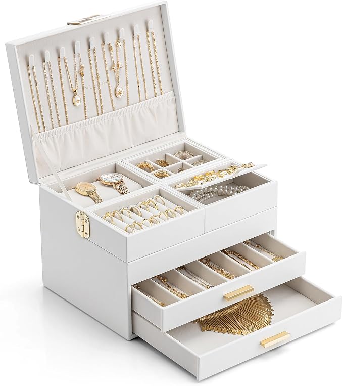 VLANDO 4 Layers Jewelry Box - Women Jewelry Box with Retractable Tray - Jewelry Organizer with Drawer for Necklaces, Rings, Bracelets, Earrings, Gift for Couples Mom Girls - White by VLANDO