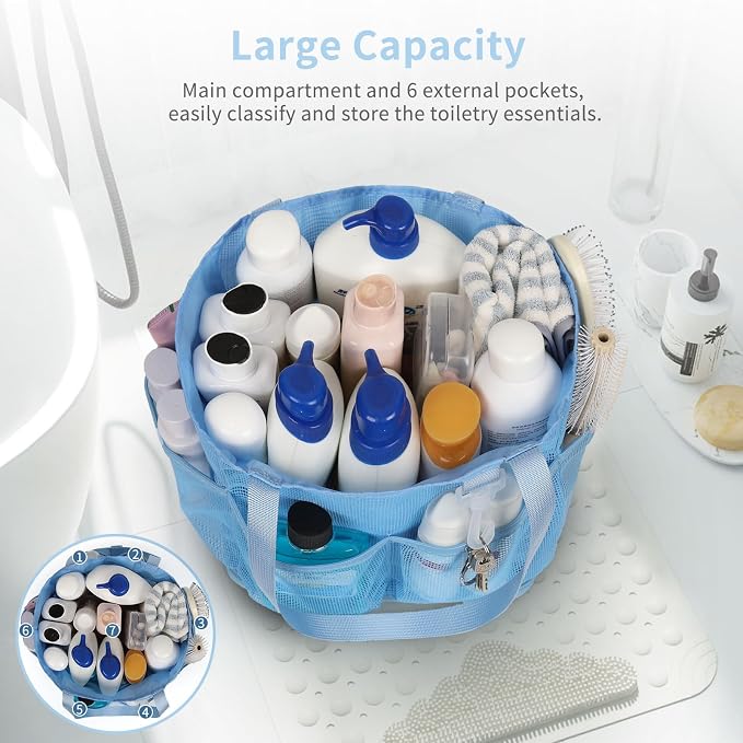 Mesh Shower Caddy Portable for College Dorm Room Essentials, Shower Tote Bag with Hanging Hook and Drawstring, Quick Dry Toiletry Bag with 6 Pockets for Bathroom, Swimming, Gym, Camping, Beach, Travel - Image 2