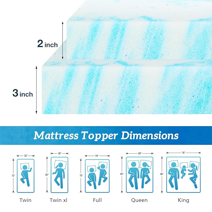 Sweetcrispy Memory Foam Mattress Topper Twin XL, 3 Inch Thick Gel Infused Cooling Toppers Pad for Twin XL Size Bed, Sleeper Sofa, RV, Camper, CertiPUR US Certified, Ventilated and Breathable