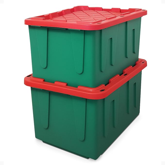 HOMZ 2-Pack Durabilt, Heavy Duty Plastic Storage Bins with Lids, 27 Gallon, Green/Red - Stackable Container Boxes for Holiday, Attic, and Garage Organization by Homz