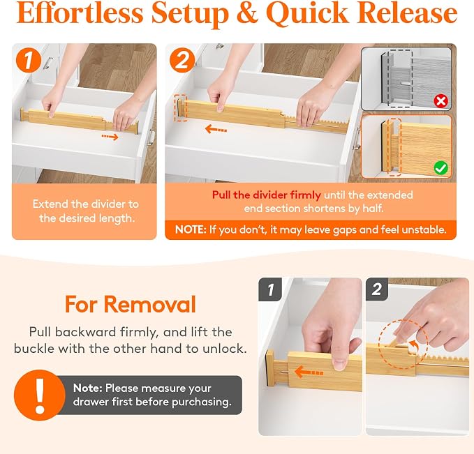 Lifewit 2.36" High 5 Pack Bamboo Drawer Dividers, 14.2-22" Expandable Kitchen Drawer Dividers, Adjustable Drawer Dividers for Clothes, Drawer Separators for Dresser, Kitchen, Bedroom, Bathroom - Image 5