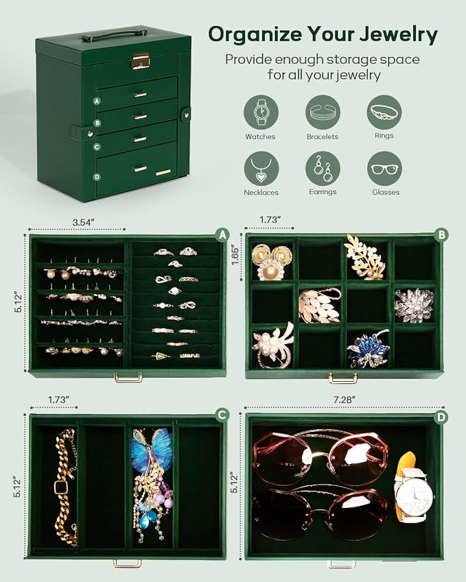 Homde Synthetic Leather Huge Jewelry Box Mirrored Watch Organizer Necklace Ring Earring Storage Lockable Gift Case (Forest Green + Gold) - Image 3