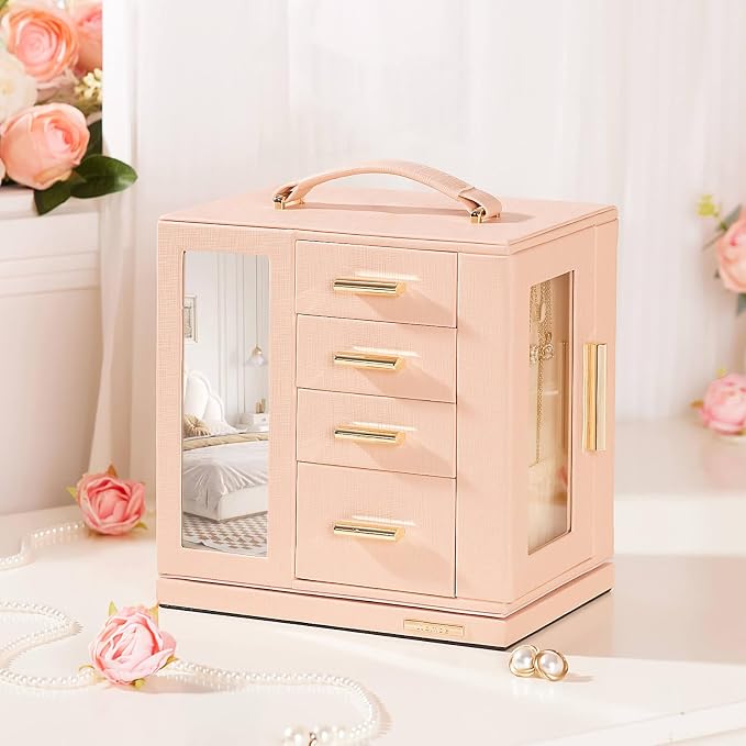 Homde Jewelry Box 360° Rotating, Necklace Earring Organizer with Transparent Window, Mirror, 7 Drawers, Large Ring Display Storage Case for Girls Women (Peach Pink) - Image 9