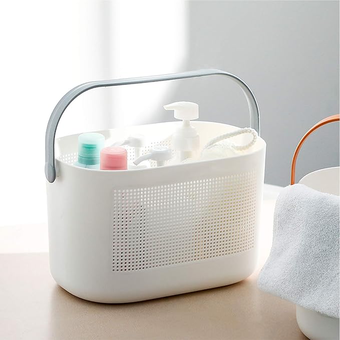 UUJOLY Plastic Storage Baskets with Handles, Shower Caddy Shelf Organizers Basket for Bathroom, Kitchen, Dorm Room, Grey, 2 Pack - Image 5