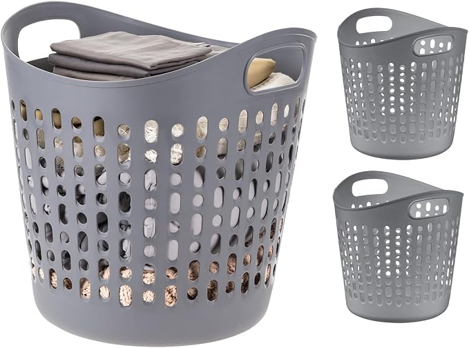 IRIS USA Plastic Laundry Basket Hamper, 3-Pack, 40L / 10 Gal Flexible Dirty Clothes Bag with Ventilation Holes, Bedroom Bathroom Apartment Dorm Laundry Room Blanket Pillow Trinkets Organization, Gray by IRISUSA
