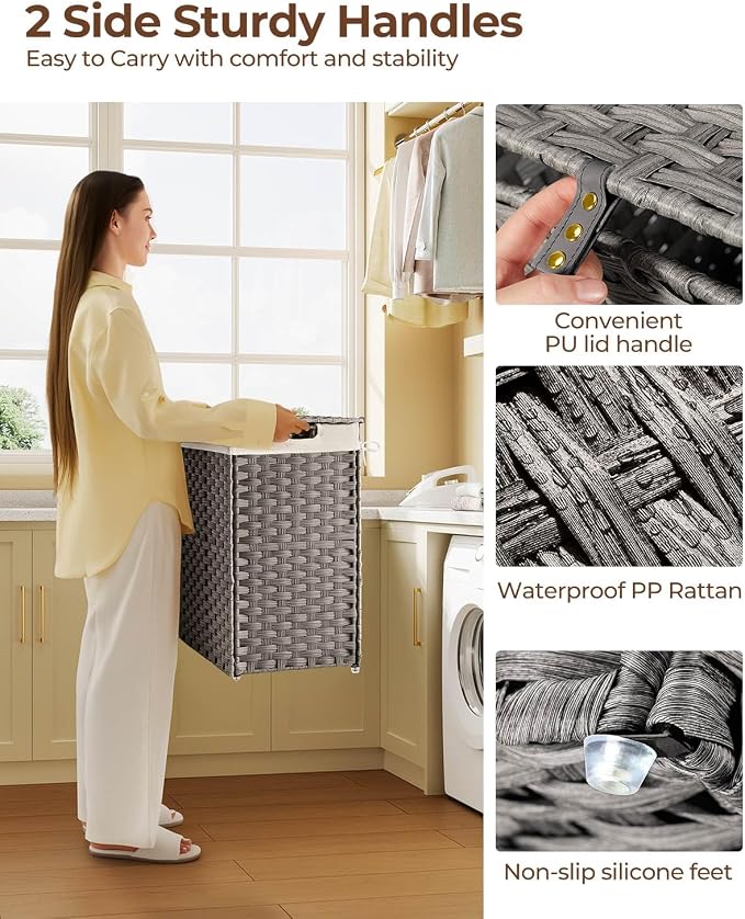 Greenstell Laundry Hamper with lid, No Install Needed, 130L Wicker Laundry Baskets Foldable 2 Removable Liner Bags, 2 Section Clothes Hamper Handwoven Rattan Laundry Basket with Handles, Gray - Image 3