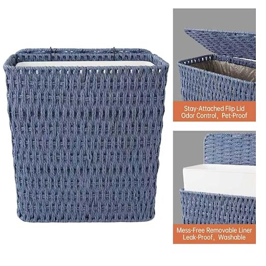 Coeusy 3 Gallon Paper Rope Bathroom Trash Can,Small Wicker Trash Cans with Lid and Liner,Woven Rattan Narrow Waste Basket for Bedroom,Office,Blue - Image 6
