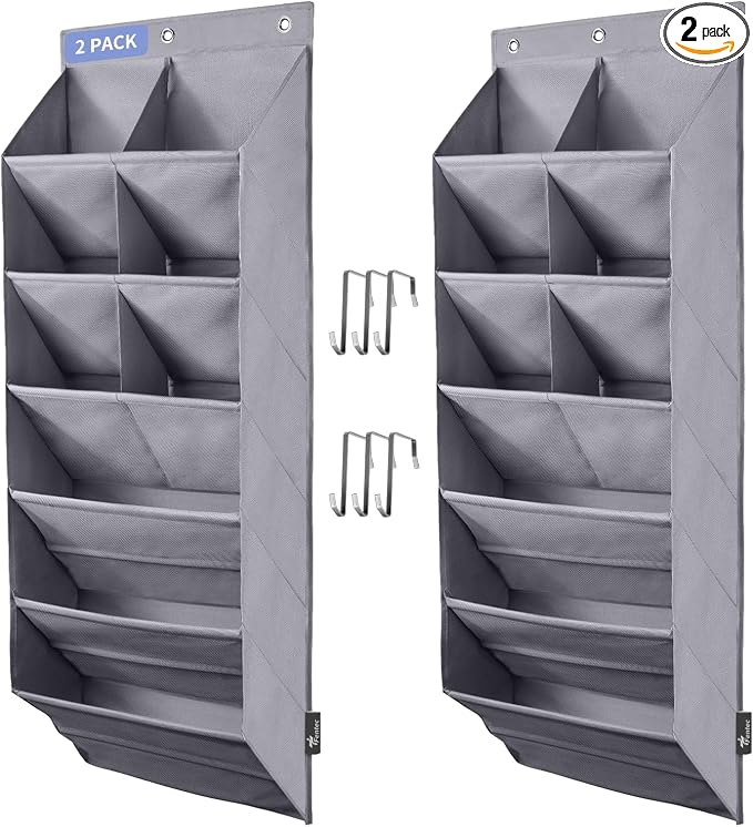 FENTEC 2 Pack Over the Door Shoe Organizer, Hanging Shoe Organizer, 6-Tier Large Deep Pockets Door Shoe Rack with 3 Hooks Shoe Organizer for Shoes, Sneakers, and Home Accessories, Grey by Fentec
