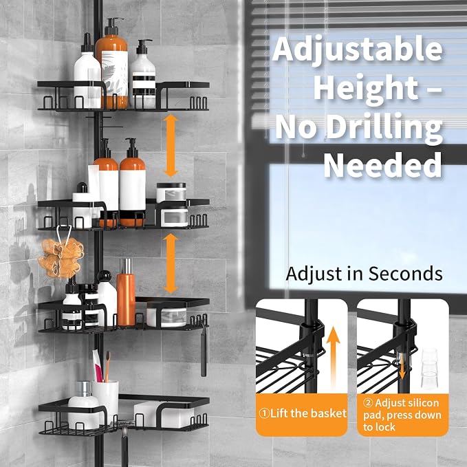KEGII Shower Caddy Tension Pole – 4-Tier Adjustable Corner Bathroom Organizer Shelves with 2 Soap Holders, Hooks, Floor to Ceiling Storage Rack for Families & Renters, 25-114.2 Inch - Image 4