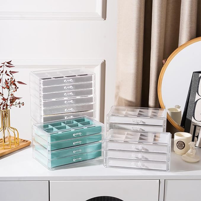 Lolalet Earring Holder Organizer Box Jewelry Storage with 4 Drawers, Clear Acrylic Stackable Earring Case with Adjustable Velvet Trays for Women on Dresser Vanity -Warmwhite, 4 Layers - Image 3