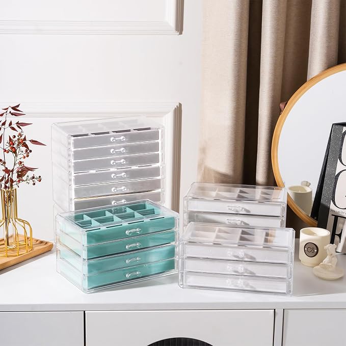 Lolalet Earring Holder Organizer Box Jewelry Storage with 9 Drawers, Clear Acrylic Stackable Earring Case with Adjustable Velvet Trays for Women on Dresser Vanity -Warmwhite, 9 Layers - Image 3