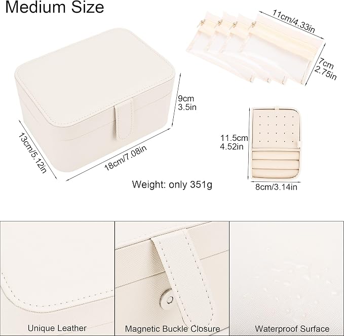 2 Layer Portable Jewelry Box, Large Jewelry Travel Case with 4 Jewelry Pouches, Medium Size Jewelry Organizer Box for Earrings, Necklaces, Bracelets (beige) - Image 2