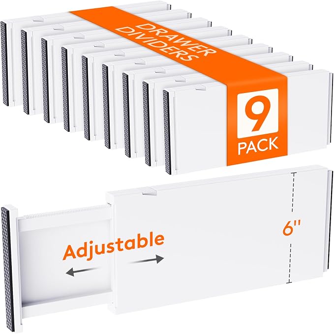Lifewit 9 Pack 6" High Drawer Dividers 34-56cm/13.5-22" Adjustable Drawer Organizer for Clothes/Utensils, Expandable Drawer Separator in Dresser/Kitchen/Bedroom/Office Organization & Storage White by Lifewit