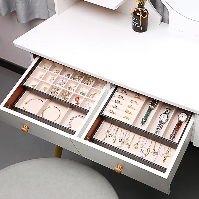 LANDICI Stackable Jewelry Organizer Trays 4 Set,PU Leather Jewelry Organizer Drawer,Jewelry Storage Display Tray for Earring Necklace Rings Bracelet with Removable Dividers,Black - Image 6