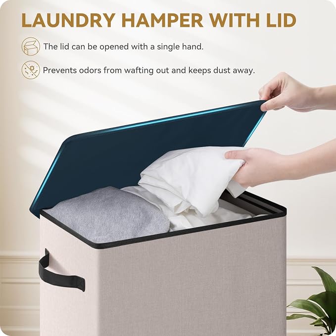 SOLEDI Slim Laundry Hamper with Lid, Narrow Laundry Basket with Removable Bags, Dirty Clothes Hamper with handle, Small Hamper perfect for Laundry room, Bathroom, Bedroom, Small spaces.Light taupe - Image 3