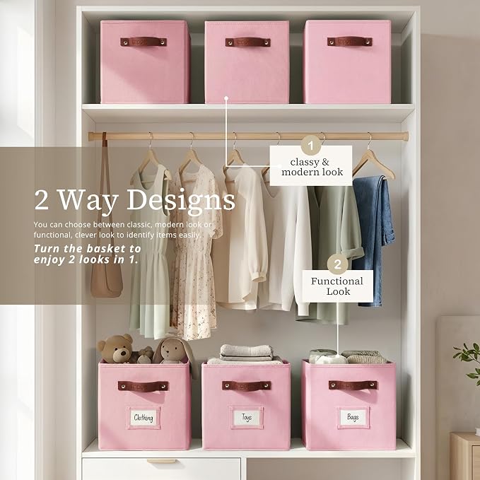 DECOMOMO Storage Bins, Cube Storage Bin with Labels, Fabric Storage Cubes for Shelves (10.5" x 11" / 6pcs, Pink) - Image 4
