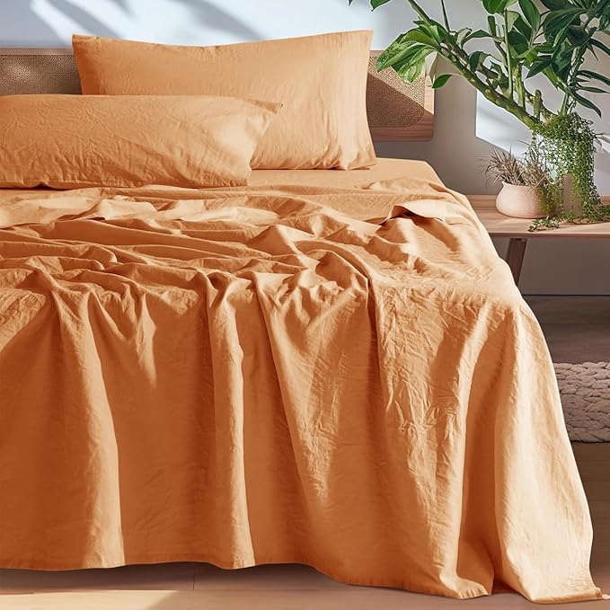 SONORO KATE 100% French Pure Linen Sheets, Breathable and Durable Linen King Size Sheets, Anti-Tear Linen Bed Sheets, Machine Washable, 16 Inch Deep Pocket - 4 Piece (Orange, King)
