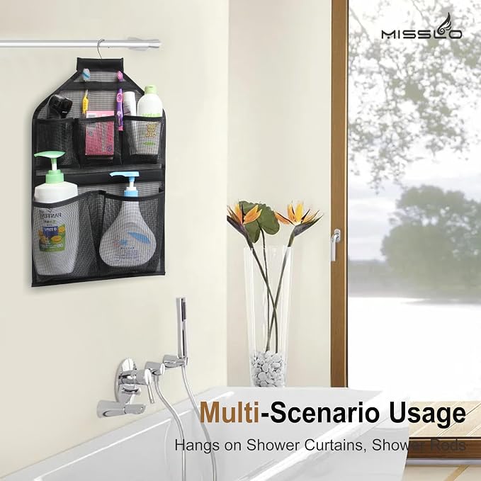 MISSLO Bathroom Shower Organizer Mesh Hanging Shower Caddy with Rotatable Hanger (Black) - Image 7