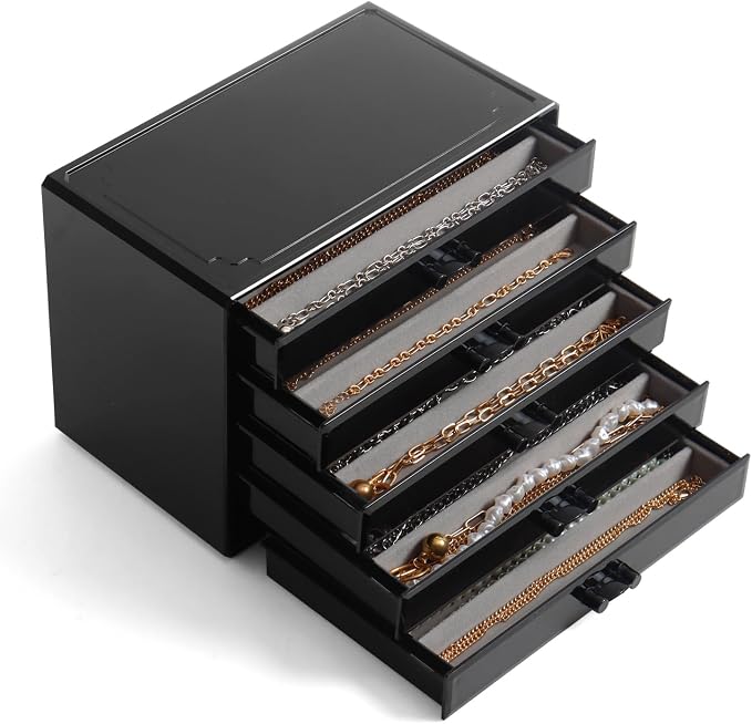 YUFONG Necklace Holder Organizer, Dustproof Necklace Box Velvet Necklace Organizer Box with Lid Clear Acrylic Dustproof Stackable Jewelry Displays for Necklaces Chain Display (Black Gray, 5 Drawer) by YUFONG