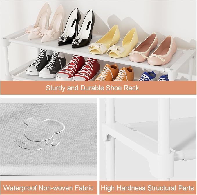 34" Widening Design Shoe Rack for Closet 16 Pairs Small Spaces Non-Woven 3 Tier Shoe Organizer Stackable Metal Shoe Shelf for Entryway, Bedroom White - Image 4
