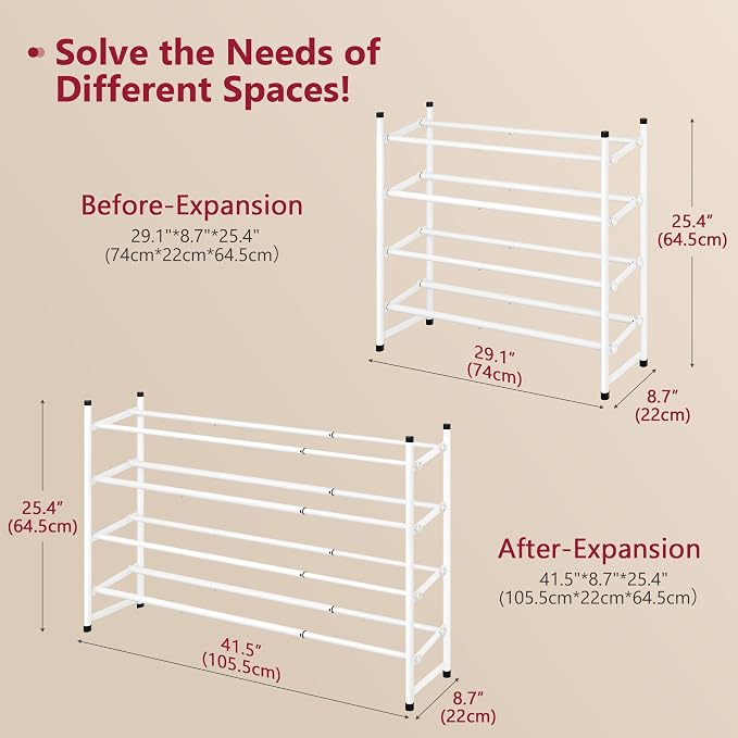 Tajsoon Expandable Shoe Rack for Closet 4 Tier, 29“-41“Adjustable & Stackable Shoe Shelf Storage, Metal Shoe Rack Organizer for Front Door Entrance, Closet, Garage, Entryway, White - Image 3