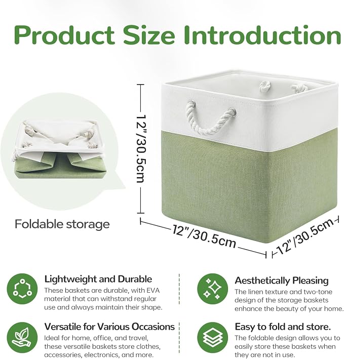 12 x 12 Inch Cube Storage Bins, 4 Pack Fabric Storage Basket with Handles, Foldable Boxes Organizer for Shelf Baskets for Home, Clothes (White/Green) - Image 7