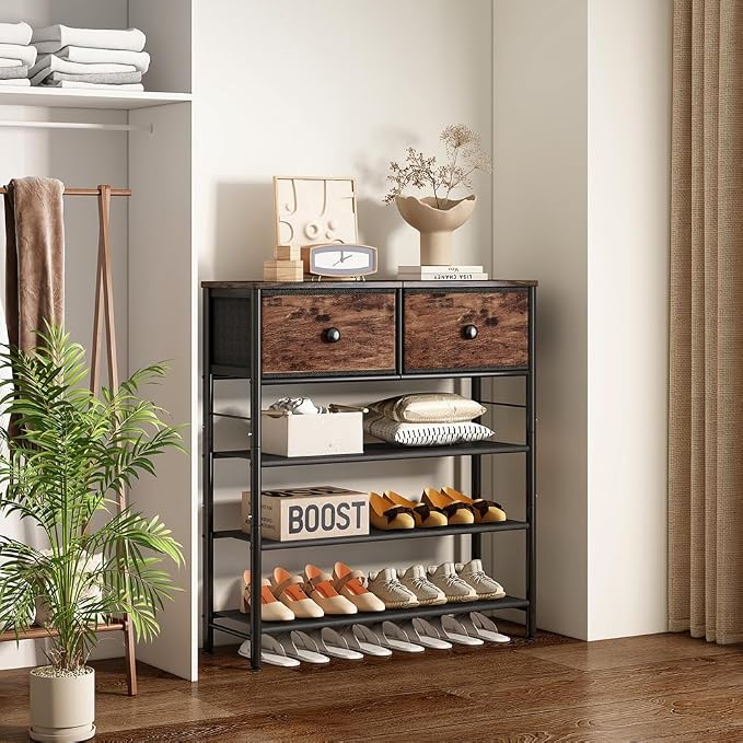 INGIORDAR Shoe Rack Organizer 5 Tier Metal Organizer Shelf with Industrial MDF Board and Layer Fabric for Entryway Closet Bedroom Living Room Garage (Black+Rustic Brown, 4 Tier with 2 Drawers) - Image 2
