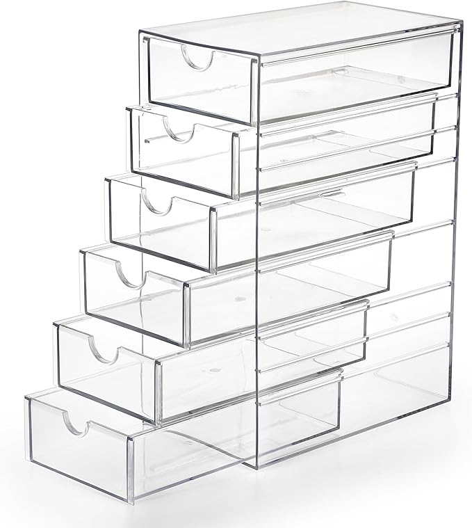 Hipiwe Plastic Drawer Organizer Clear Desktop Drawers Box with 6 Pull Out Drawer Compact Storage Box for Cabinet Vanity Bathroom Bedroom Pantry Shelf Office Closet Organization by Hipiwe