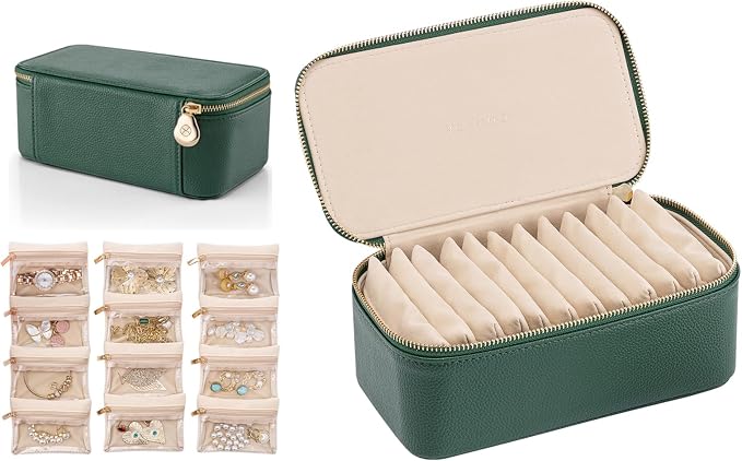 VLANDO Travel Jewelry Box Organizer – Portable PU Leather Jewelry Case with 6/8/12 Zippered Pouches, Compact Storage for Earrings Rings Necklaces Bracelets, Dark Green by VLANDO