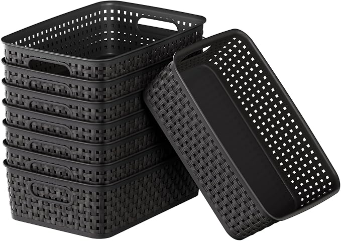 FUCDTEFC Black Plastic Basket, 8 Pack Home Organization and Storage Baskets with Handles, Space Saving Woven Organizer Bins Plastic Storage Basket for Organizing Cabinets,Closets, Shelves, Countertops by FUCDTEFC