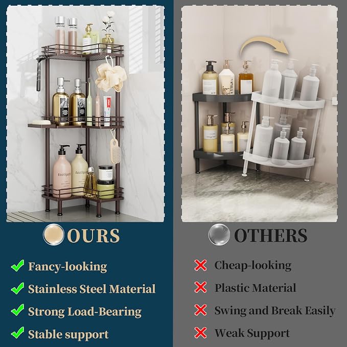 Consumest Corner Shower Caddy Standing - 3-Tier Stainless Steel Shower Organizer with Soap Holder and 4 Hooks, Large Capacity Corner Shelf Stand for Bathroom, Rest Room, Bronze - Image 2