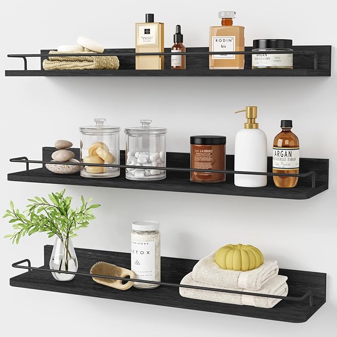 Forbena 24 Inch Wall Shelves for Bedroom 3-Pack, Black Floating Shelves with Rail, Vintage Large Floating Book Shelves for Bathroom Kitchen Living Room Office Decor Kids Room Legos Display (Black) by Forbena