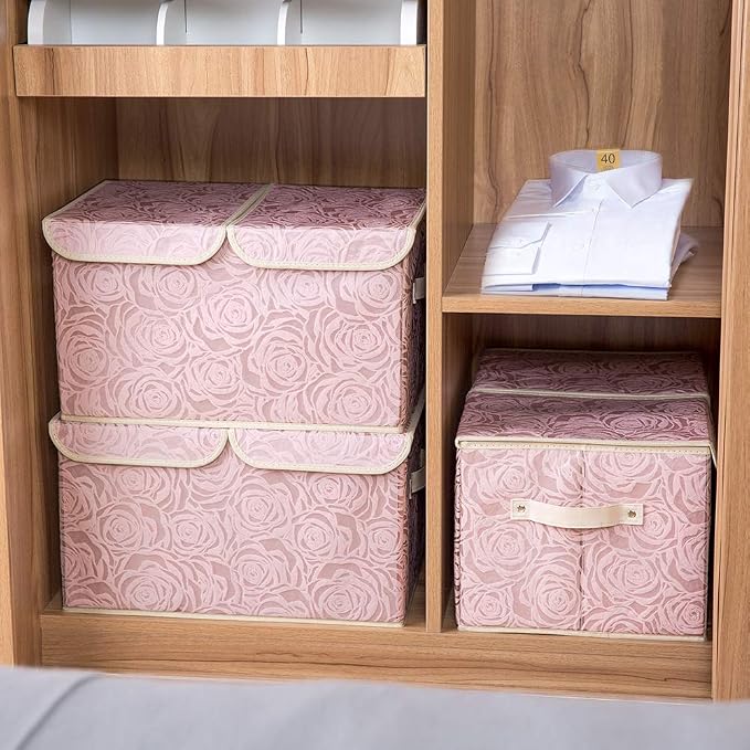PRANDOM Large Stackable Storage Bins with Lids Fabric Decorative Storage Box Cubes Organizer Containers Baskets with Cover Handles Divider for Bedroom Closet Living Room 17.3x11.8x9.8 Inch 3 Pack - Image 2