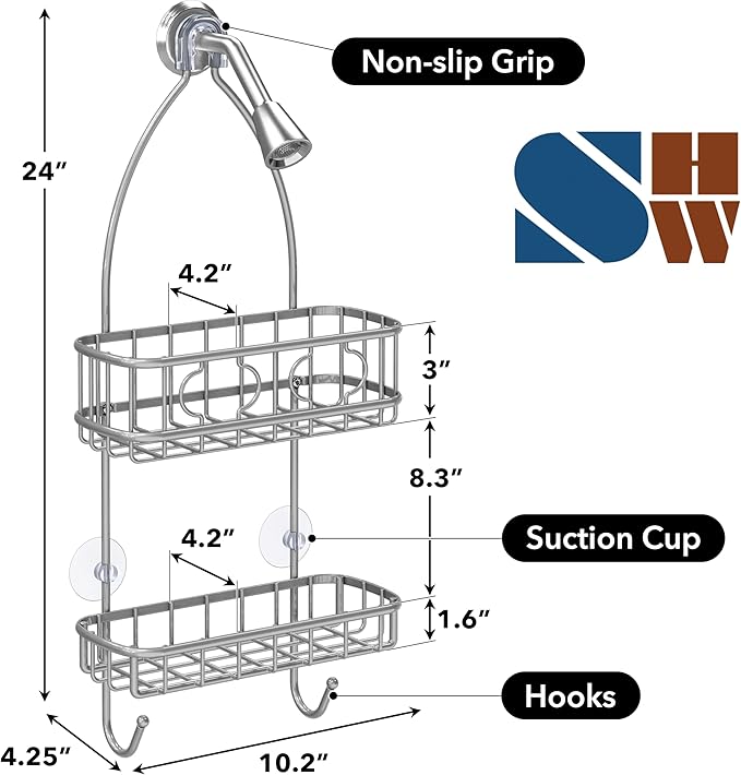 Simple Houseware Bathroom Hanging Shower Head Caddy Organizer, Silver (24 x 10.2 x 4.25 inches) - Image 3
