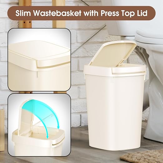 CEROELDA 3 Pack Bathroom Trash Can with Lid, 10L/2.6 Gal Small Garbage Can with Press Top Lid, Slim Plastic Waste Basket for Toilet, Office, Bedroom (Beige) - Image 4