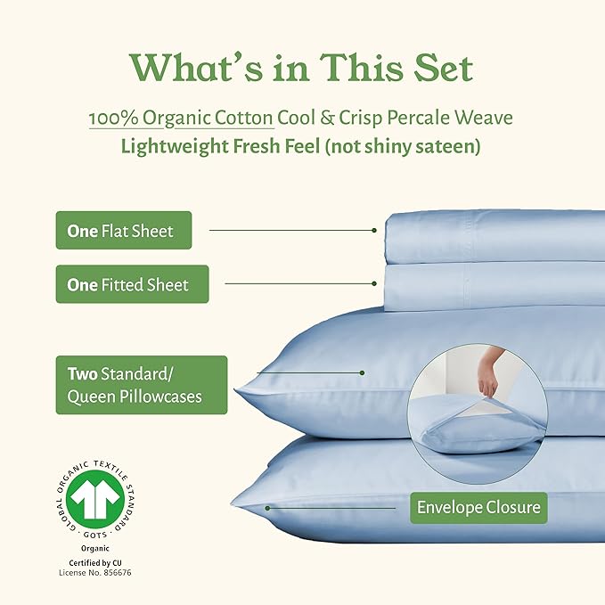 California Design Den Soft 100% Organic Cotton Queen Sheet Set - Crisp and Cool Percale, Deep Pocket Organic Cotton Sheets with Anti-Skid Elastic, Breathable and Durable Bedding Set - Light Blue
