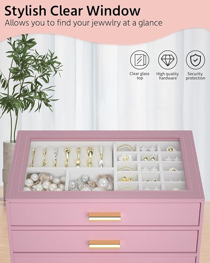 AKOZLIN Jewelry Box with Clear Lid Functional Leather Jewelry Storage Organizer Case 3 Drawers for Women Girls Necklace Ring Bracelet Earring - Image 5