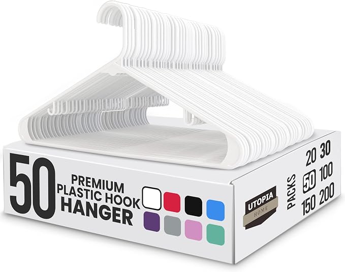 Utopia Home Plastic Hangers 50 Pack - Space Saving Clothes Hanger - Durable & Strong Closet Organizers and Storage with Built-in Strap Hooks - Essential for Shirts, Pants, Skirts & Coats (White) by UTOPIAHOME